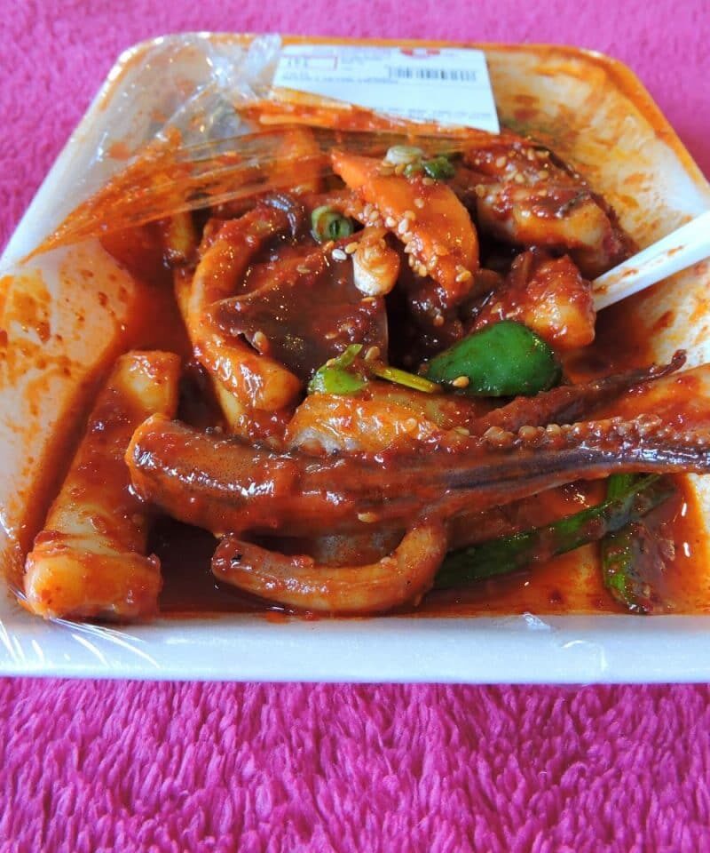 Korean Bites: Lunch of Japchae, Kimchi, and Squid Kimchi